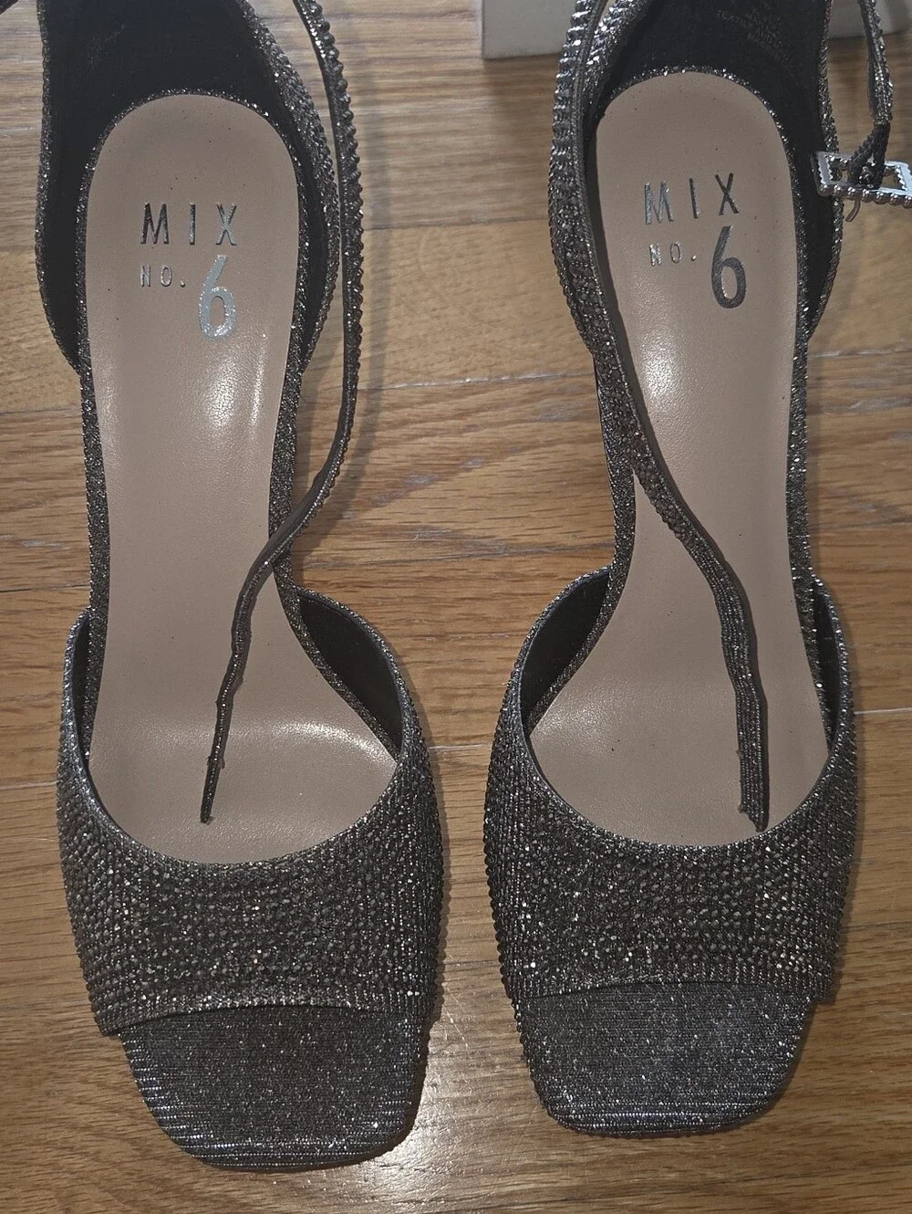 Mix No. 6 Gunmetal Glitter Strappy Peep-Toe Heels